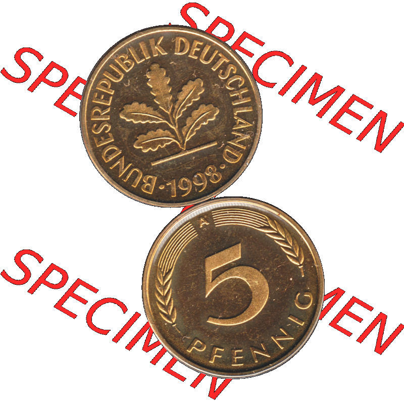 Münze der BRD-Deutschland 1998, Mzz. A für Berlin, Fünf 5 Pfennig Transparent VS+RS vertikal Farbe. Farbige und Transparentes PNG-Bild der Deutschen Mark -... Sammlung