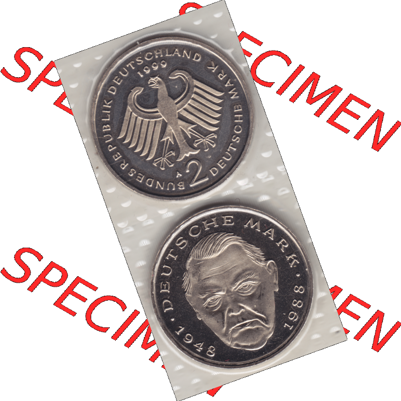 Münze der BRD-Deutschland 1999 Mzz. A für Berlin, Zwei 2 Deutsche Mark Ludwig Erhard aus KMS VS+RS vertikal Farbe. Mark-Münze aus dem Jahrgang 1999 Deutschland der... Sammlung