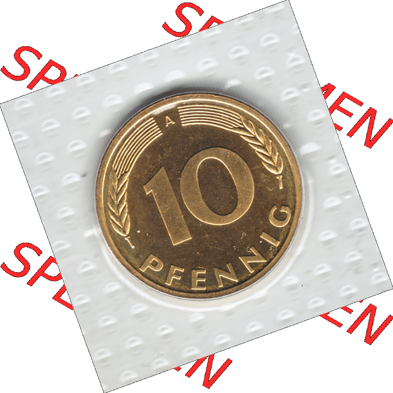 Münze der BRD-Deutschland 1998, Mzz. A für Berlin, 10 Pfennig Rückseite.Farbiges PNG-Bild der Deutschen Pfennig Münze vom Jahrgang 1998, aus Noppenfolie... Sammlung