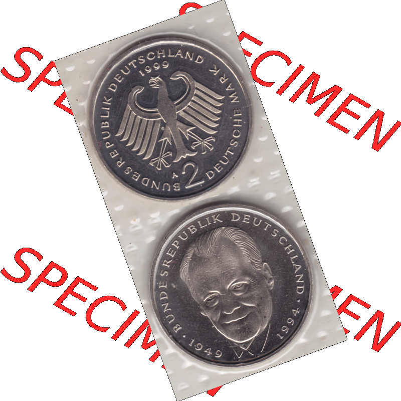 Münze der BRD-Deutschland 1999 Mzz. A für Berlin, Zwei 2 Deutsche Mark Willy Brandt aus KMS VS+RS vertikal Farbe. Mark-Münze aus dem Jahrgang 1999 Deutschland der... Sammlung