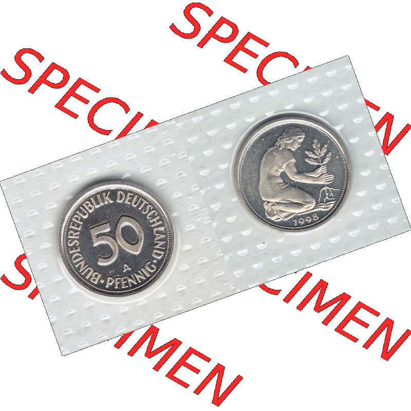 Münze der BRD-Deutschland 1998, Mzz. A für Berlin, 50 Pfennig RS+VS horizontal Farbe.Farbiges PNG-Bild der Deutschen Pfennig Münze vom Jahrgang 1998,... Sammlung