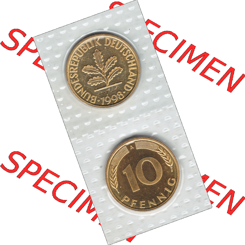 Münze der BRD-Deutschland 1998, Mzz. A für Berlin, 10 Pfennig VS+RS vertikal Farbe.Farbiges PNG-Bild der Deutschen Pfennig Münze vom Jahrgang 1998, aus... Sammlung