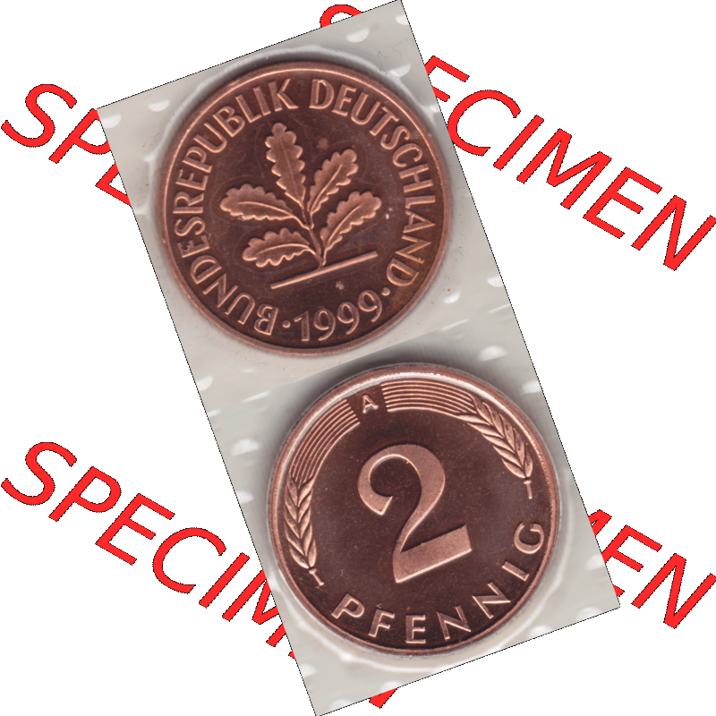 Münze der BRD-Deutschland 1999 Mzz. A für Berlin, Zwei 2 Pfennig aus KMS VS+RS vertikal Farbe. Farbiges PNG-Bild der Deutschen Pfennig Münze vom Jahrgang 1999.... Sammlung
