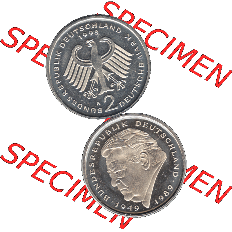Münze der BRD-Deutschland 1998, Mzz. A für Berlin, Zwei 2 DM-Deutsche Mark Transparent Franz Josef Strauß VS+RS vertikal Farbe. Farbige und Transparentes... Sammlung
