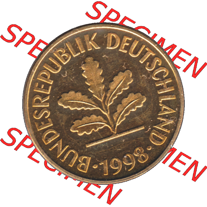 Münze der BRD-Deutschland 1998, Mzz. A für Berlin, Fünf 5 Pfennig Transparent Vorderseite. Farbige und Transparentes PNG-Bild der Deutschen Mark - Pfennig-Münze... Sammlung