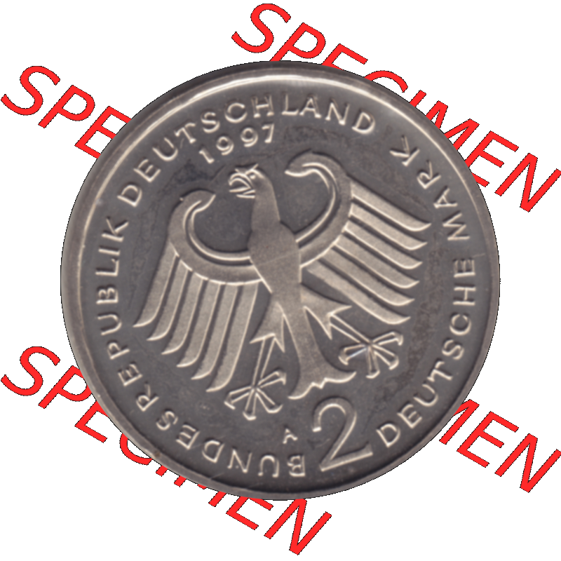 Münze der BRD-Deutschland 1997 Mzz. A für Berlin, 2 Deutsche Mark Gedenkmünze Ludwig Erhard Vorderseite. Farbiges transparentes PNG-Bild der Deutschen Mark Münze... Sammlung