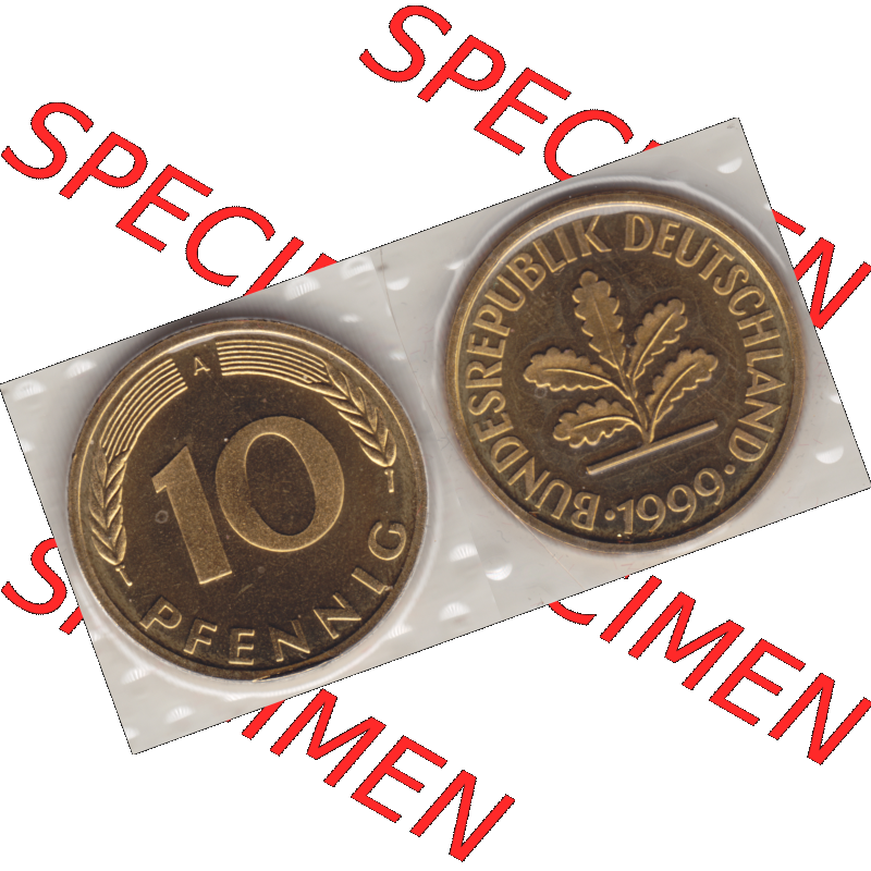 Münze der BRD-Deutschland 1999 Mzz. A für Berlin, Zehn 10 Pfennig aus KMS RS+VS horizontal Farbe. Farbiges PNG-Bild der Deutschen Pfennig Münze vom Jahrgang 1999.... Sammlung