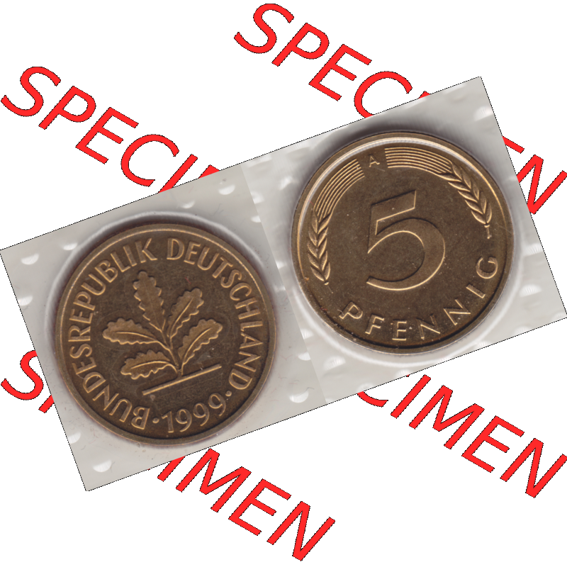 Münze der BRD-Deutschland 1999 Mzz. A für Berlin, Fünf 5 Pfennig aus KMS VS+RS horizontal Farbe. Farbiges PNG-Bild der Deutschen Pfennig Münze vom Jahrgang... Sammlung