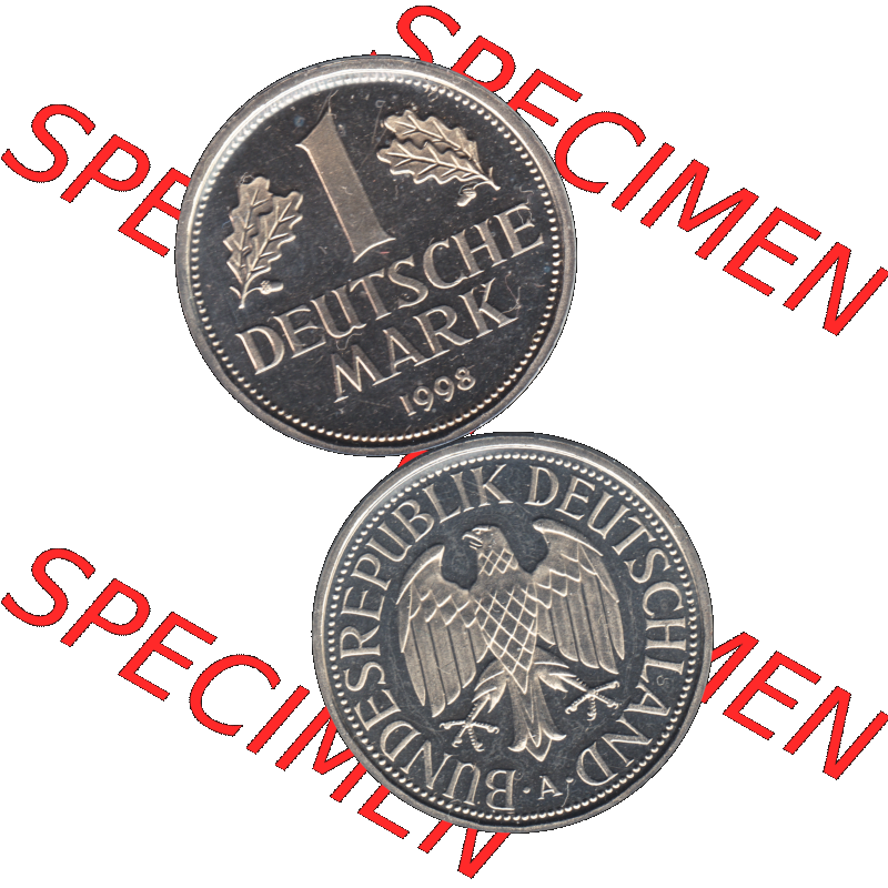 Münze der BRD-Deutschland 1998, Mzz. A für Berlin, Eine 1 DM Deutsche Mark Transparent RS+VS vertikal Farbe. Farbige und Transparentes PNG-Bild der Deutschen Mark... Sammlung
