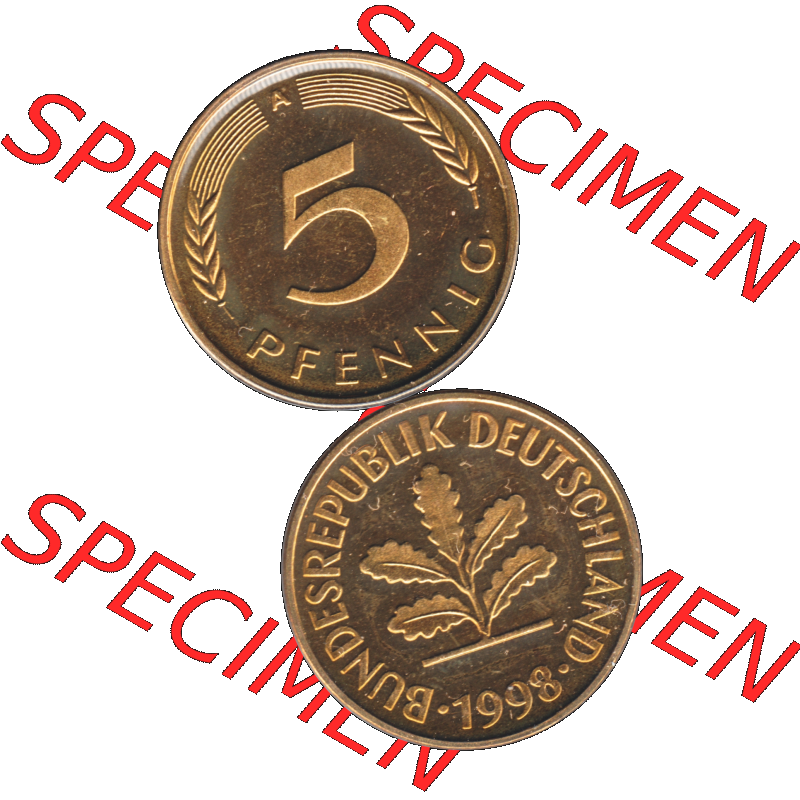 Münze der BRD-Deutschland 1998, Mzz. A für Berlin, Fünf 5 Pfennig Transparent RS+VS vertikal Farbe. Farbige und Transparentes PNG-Bild der Deutschen Mark -... Sammlung