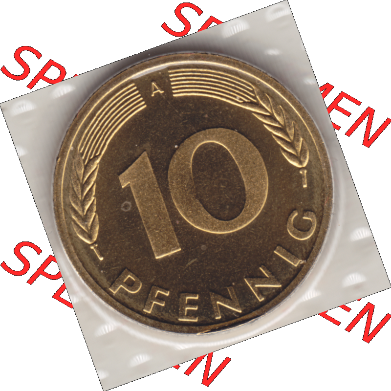 Münze der BRD-Deutschland 1999 Mzz. A für Berlin, Zehn 10 Pfennig aus KMS Rückseite. Farbiges PNG-Bild der Deutschen Pfennig Münze vom Jahrgang 1999. Bild... Sammlung