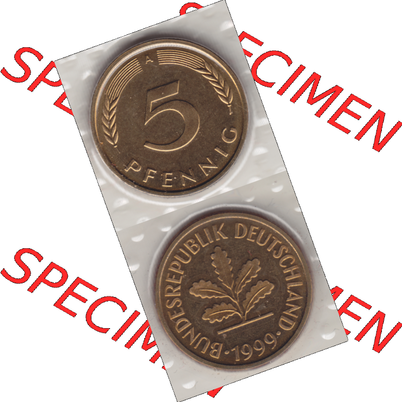 Münze der BRD-Deutschland 1999 Mzz. A für Berlin, Fünf 5 Pfennig aus KMS RS+VS vertikal Farbe. Farbiges PNG-Bild der Deutschen Pfennig Münze vom Jahrgang 1999.... Sammlung
