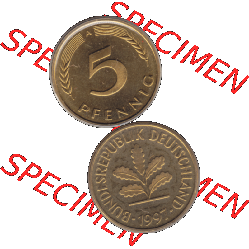 Münze der BRD-Deutschland 1997 Mzz. A für Berlin, 5 Deutscher Pfennig transparent RS+VS vertikal Farbe. Farbiges transparente PNG-Bild der Deutschen Pfennig Münze... Sammlung