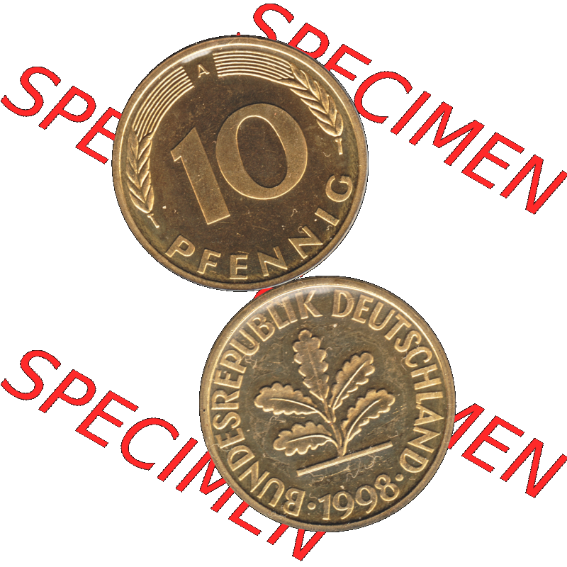 Münze der BRD-Deutschland 1998, Mzz. A für Berlin, 10 Pfennig Transparent RS+VS vertikal Farbe. Farbige und Transparentes PNG-Bild der Deutschen Mark - Pfennig-Münze... Sammlung