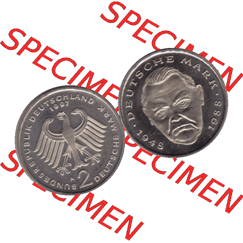 Münze der BRD-Deutschland 1997 Mzz. A für Berlin, 2 Deutsche Mark Gedenkmünze Ludwig Erhard VS+RS horizontal Farbe. Farbiges transparentes PNG-Bild der Deutschen... Sammlung