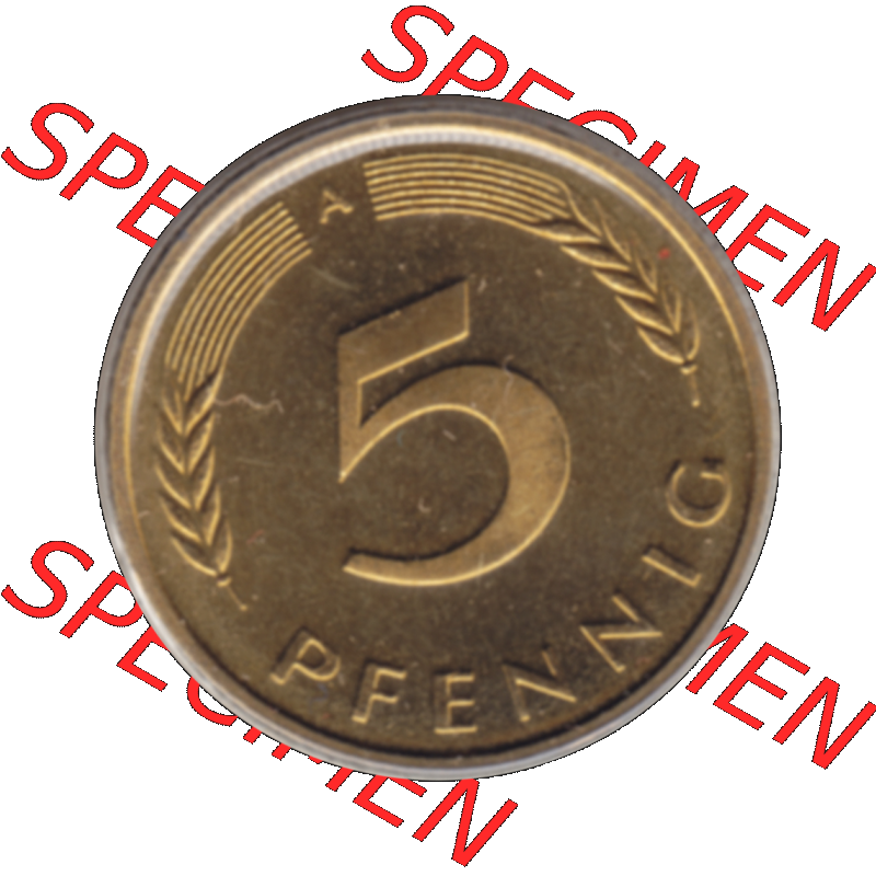 Münze der BRD-Deutschland 1997 Mzz. A für Berlin, 5 Deutscher Pfennig transparent Rückseite. Farbiges transparente PNG-Bild der Deutschen Pfennig Münze vom Jahrgang... Sammlung