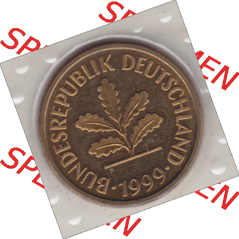 Münze der BRD-Deutschland 1999 Mzz. A für Berlin, Fünf 5 Pfennig aus KMS Vorderseite. Farbiges PNG-Bild der Deutschen Pfennig Münze vom Jahrgang 1999. Bild... Sammlung