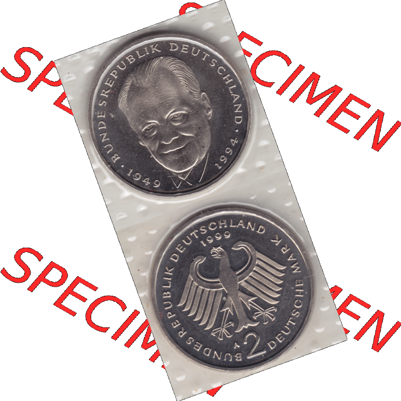 Münze der BRD-Deutschland 1999 Mzz. A für Berlin, Zwei 2 Deutsche Mark Willy Brandt aus KMS RS+VS vertikal Farbe. Mark-Münze aus dem Jahrgang 1999 Deutschland der... Sammlung