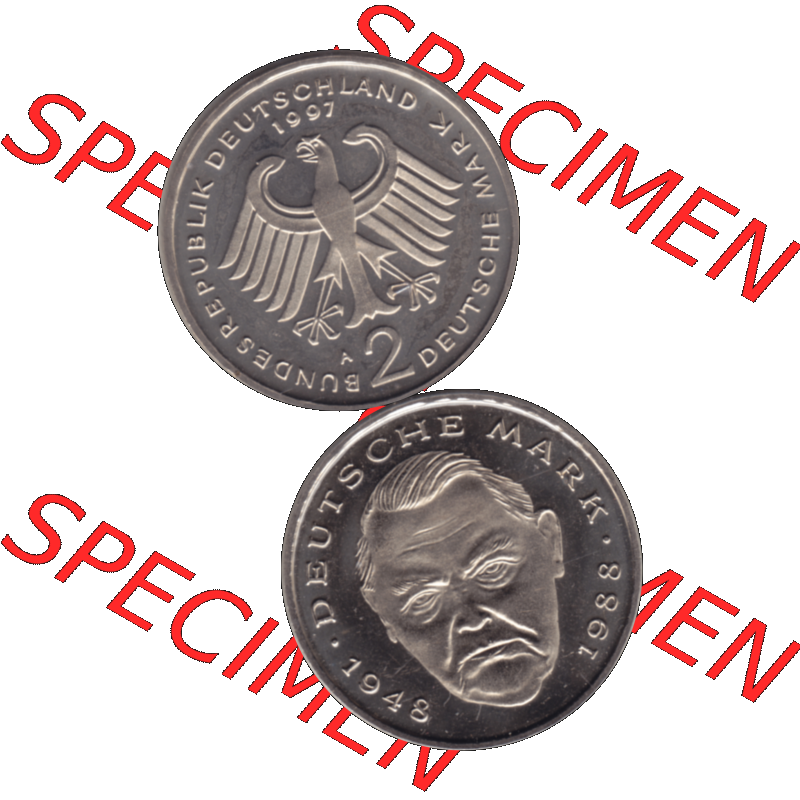 Münze der BRD-Deutschland 1997 Mzz. A für Berlin, 2 Deutsche Mark Gedenkmünze Ludwig Erhard VS+RS vertikal Farbe. Farbiges transparentes PNG-Bild der Deutschen Mark... Sammlung
