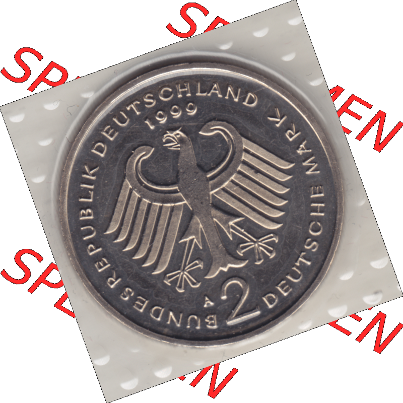Münze der BRD-Deutschland 1999 Mzz. A für Berlin, Zwei 2 Deutsche Mark Franz Josef Strauß aus KMS Vorderseite. Mark-Münze aus dem Jahrgang 1999 Deutschland der... Sammlung
