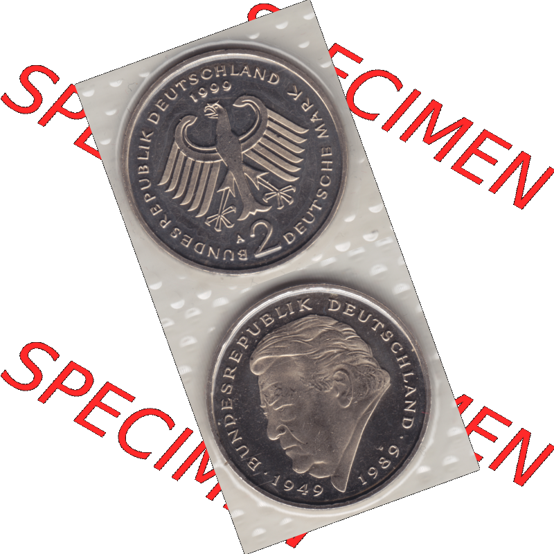 Münze der BRD-Deutschland 1999 Mzz. A für Berlin, Zwei 2 Deutsche Mark Franz Josef Strauß aus KMS VS+RS vertikal Farbe. Mark-Münze aus dem Jahrgang 1999 Deutschland... Sammlung