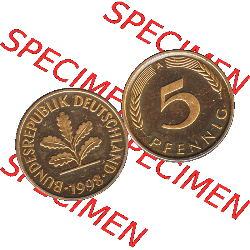 Münze der BRD-Deutschland 1998, Mzz. A für Berlin, Fünf 5 Pfennig Transparent VS+RS horizontal Farbe. Farbige und Transparentes PNG-Bild der Deutschen Mark... Sammlung
