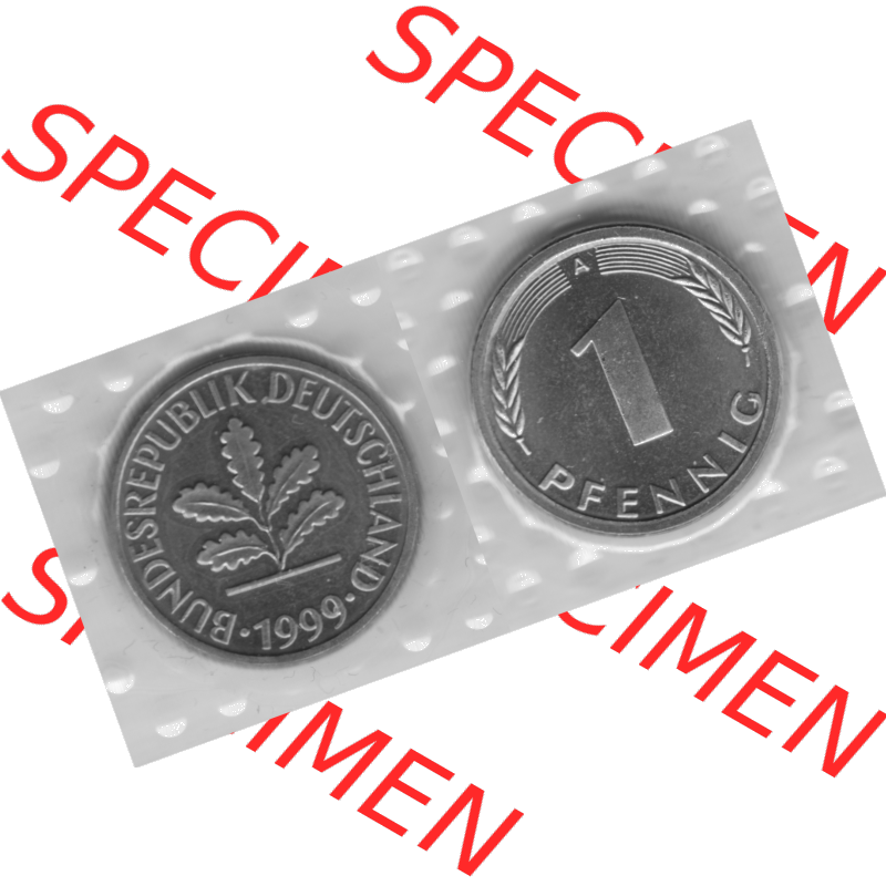 Münze der BRD-Deutschland 1999 Mzz. A für Berlin, Ein 1 Pfennig aus KMS VS+RS horizontal Graustufen. Graues PNG-Bild der Deutschen Pfennig Münze vom Jahrgang 1999.... Sammlung