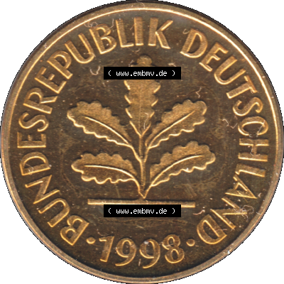 Münze der BRD-Deutschland 1998, Mzz. A für Berlin, Fünf 5 Pfennig Transparent Vorderseite. Farbige und Transparentes PNG-Bild der Deutschen Mark - Pfennig-Münze... Sammlung