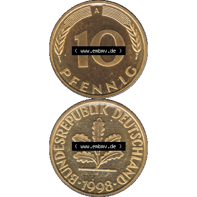 Münze der BRD-Deutschland 1998, Mzz. A für Berlin, 10 Pfennig Transparent RS+VS vertikal Farbe. Farbige und Transparentes PNG-Bild der Deutschen Mark - Pfennig-Münze... Sammlung