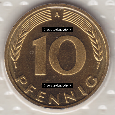 Münze der BRD-Deutschland 1999 Mzz. A für Berlin, Zehn 10 Pfennig aus KMS Rückseite. Farbiges PNG-Bild der Deutschen Pfennig Münze vom Jahrgang 1999. Bild... Sammlung