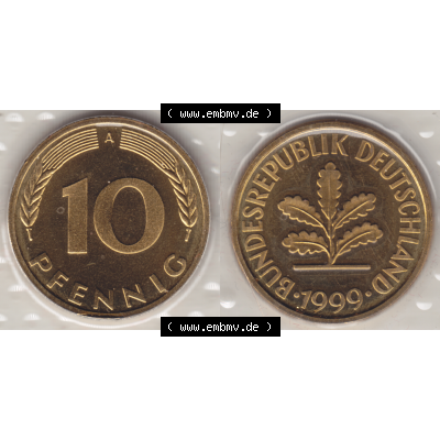 Münze der BRD-Deutschland 1999 Mzz. A für Berlin, Zehn 10 Pfennig aus KMS RS+VS horizontal Farbe. Farbiges PNG-Bild der Deutschen Pfennig Münze vom Jahrgang 1999.... Sammlung