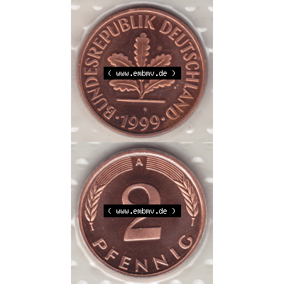 Münze der BRD-Deutschland 1999 Mzz. A für Berlin, Zwei 2 Pfennig aus KMS VS+RS vertikal Farbe. Farbiges PNG-Bild der Deutschen Pfennig Münze vom Jahrgang 1999.... Sammlung