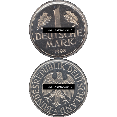 Münze der BRD-Deutschland 1998, Mzz. A für Berlin, Eine 1 DM Deutsche Mark Transparent RS+VS vertikal Farbe. Farbige und Transparentes PNG-Bild der Deutschen Mark... Sammlung