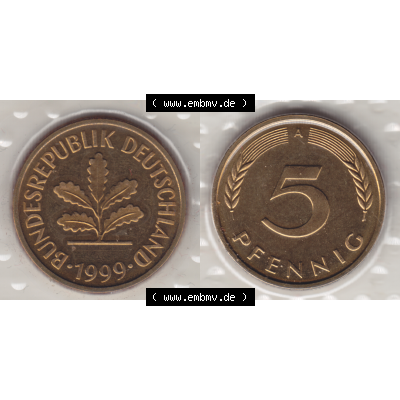 Münze der BRD-Deutschland 1999 Mzz. A für Berlin, Fünf 5 Pfennig aus KMS VS+RS horizontal Farbe. Farbiges PNG-Bild der Deutschen Pfennig Münze vom Jahrgang... Sammlung