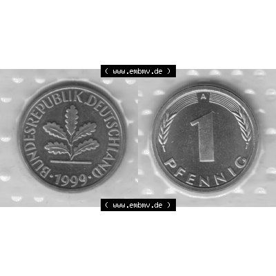 Münze der BRD-Deutschland 1999 Mzz. A für Berlin, Ein 1 Pfennig aus KMS VS+RS horizontal Graustufen. Graues PNG-Bild der Deutschen Pfennig Münze vom Jahrgang 1999.... Sammlung