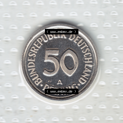 Münze der BRD-Deutschland 1998, Mzz. A für Berlin, 50 Pfennig Rückseite.Farbiges PNG-Bild der Deutschen Pfennig Münze vom Jahrgang 1998, aus Noppenfolie... Sammlung