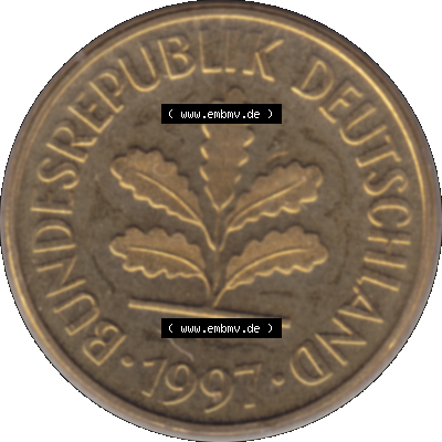 Münze der BRD-Deutschland 1997 Mzz. A für Berlin, 5 Deutscher Pfennig transparent Vorderseite. Farbiges transparente PNG-Bild der Deutschen Pfennig Münze vom Jahrgang... Sammlung