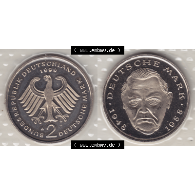 Münze der BRD-Deutschland 1999 Mzz. A für Berlin, Zwei 2 Deutsche Mark Ludwig Erhard aus KMS VS+RS horizontal Farbe. Mark-Münze aus dem Jahrgang 1999 Deutschland... Sammlung