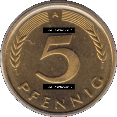 Münze der BRD-Deutschland 1997 Mzz. A für Berlin, 5 Deutscher Pfennig transparent Rückseite. Farbiges transparente PNG-Bild der Deutschen Pfennig Münze vom Jahrgang... Sammlung
