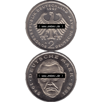Münze der BRD-Deutschland 1997 Mzz. A für Berlin, 2 Deutsche Mark Gedenkmünze Ludwig Erhard VS+RS vertikal Farbe. Farbiges transparentes PNG-Bild der Deutschen Mark... Sammlung