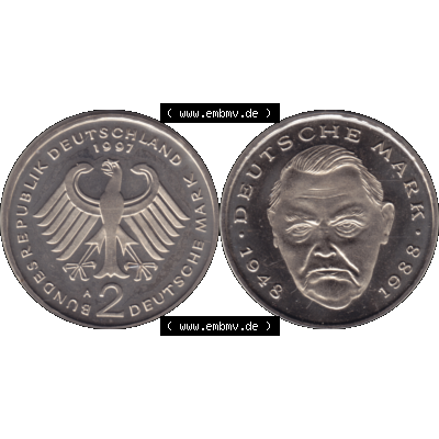 Münze der BRD-Deutschland 1997 Mzz. A für Berlin, 2 Deutsche Mark Gedenkmünze Ludwig Erhard VS+RS horizontal Farbe. Farbiges transparentes PNG-Bild der Deutschen... Sammlung