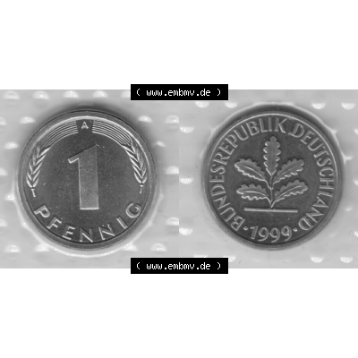 Münze der BRD-Deutschland 1999 Mzz. A für Berlin, Ein 1 Pfennig aus KMS RS+VS horizontal Graustufen. Graues PNG-Bild der Deutschen Pfennig Münze vom Jahrgang 1999.... Sammlung