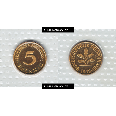Münze der BRD-Deutschland 1998, Mzz. A für Berlin, 5 Pfennig RS+VS horizontal Farbe.Farbiges PNG-Bild der Deutschen Pfennig Münze vom Jahrgang 1998,... Sammlung