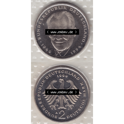 Münze der BRD-Deutschland 1999 Mzz. A für Berlin, Zwei 2 Deutsche Mark Willy Brandt aus KMS RS+VS vertikal Farbe. Mark-Münze aus dem Jahrgang 1999 Deutschland der... Sammlung