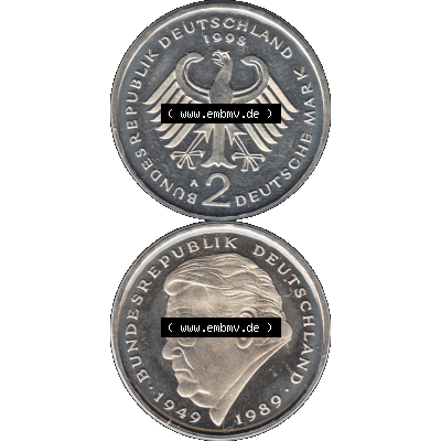 Münze der BRD-Deutschland 1998, Mzz. A für Berlin, Zwei 2 DM-Deutsche Mark Transparent Franz Josef Strauß VS+RS vertikal Farbe. Farbige und Transparentes... Sammlung