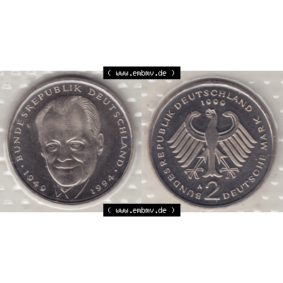 Münze der BRD-Deutschland 1999 Mzz. A für Berlin, Zwei 2 Deutsche Mark Willy Brandt aus KMS RS+VS horizontal Farbe. Mark-Münze aus dem Jahrgang 1999 Deutschland... Sammlung