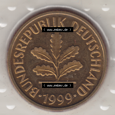 Münze der BRD-Deutschland 1999 Mzz. A für Berlin, Fünf 5 Pfennig aus KMS Vorderseite. Farbiges PNG-Bild der Deutschen Pfennig Münze vom Jahrgang 1999. Bild... Sammlung