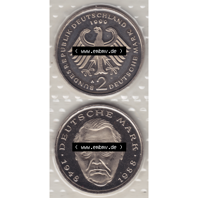 Münze der BRD-Deutschland 1999 Mzz. A für Berlin, Zwei 2 Deutsche Mark Ludwig Erhard aus KMS VS+RS vertikal Farbe. Mark-Münze aus dem Jahrgang 1999 Deutschland der... Sammlung