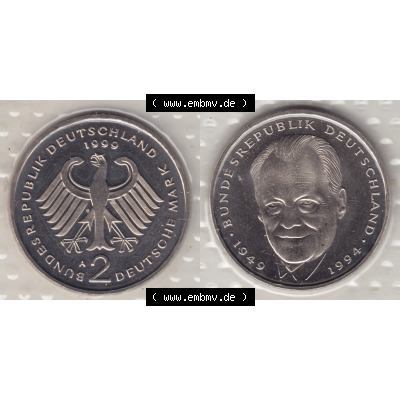 Münze der BRD-Deutschland 1999 Mzz. A für Berlin, Zwei 2 Deutsche Mark Willy Brandt aus KMS VS+RS horizontal Farbe. Mark-Münze aus dem Jahrgang 1999 Deutschland... Sammlung