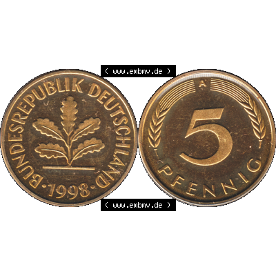 Münze der BRD-Deutschland 1998, Mzz. A für Berlin, Fünf 5 Pfennig Transparent VS+RS horizontal Farbe. Farbige und Transparentes PNG-Bild der Deutschen Mark... Sammlung